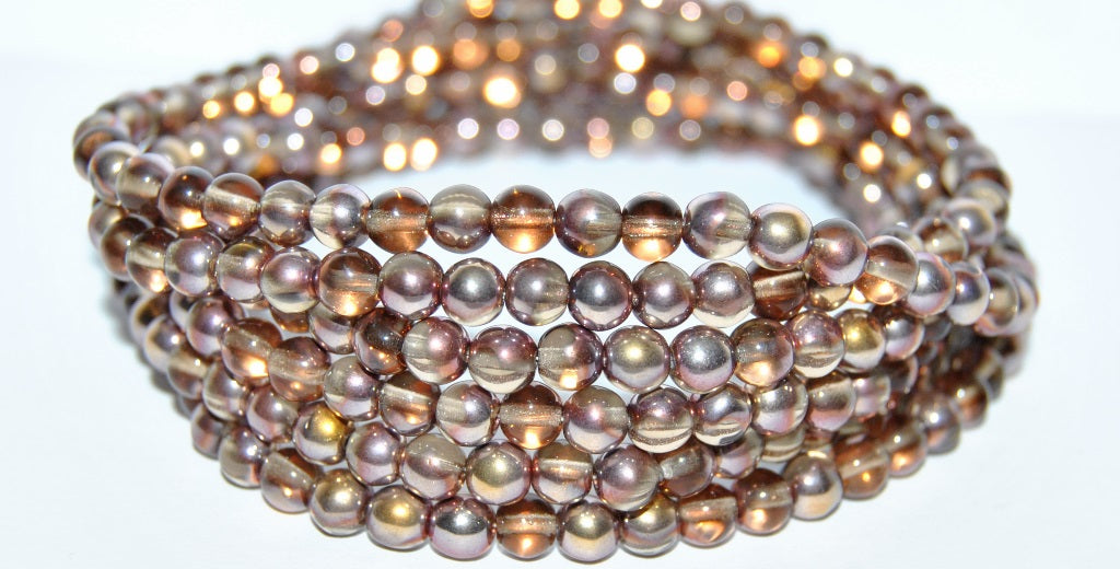 丸型プレスガラスビーズ Druck、透明ブラウンローズゴールドカプリ(5-10200-27101)、ガラス、チェコ共和国 ~ STRANDED