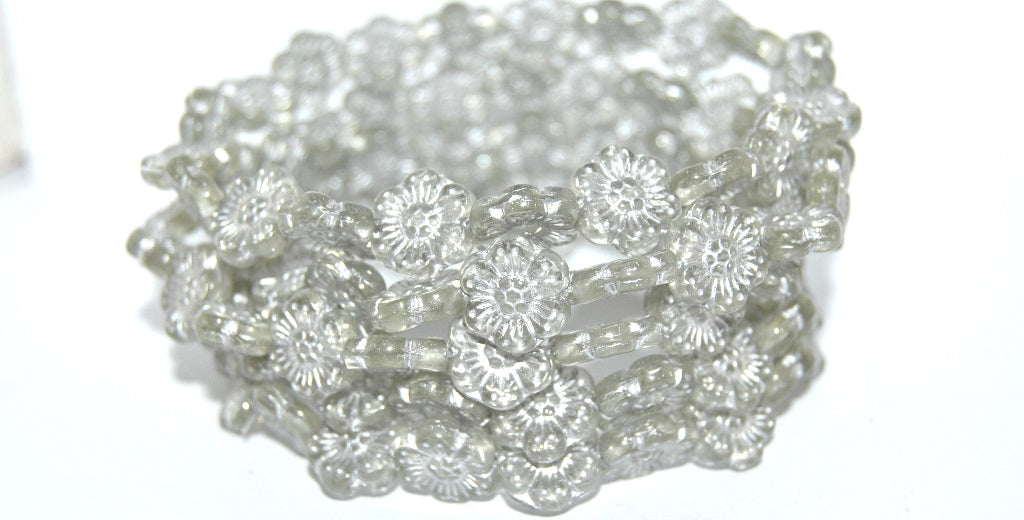 花朵压花玻璃珠,透明黄色镀银内衬 (80100-54201),玻璃,捷克共和国 ~ STRANDED