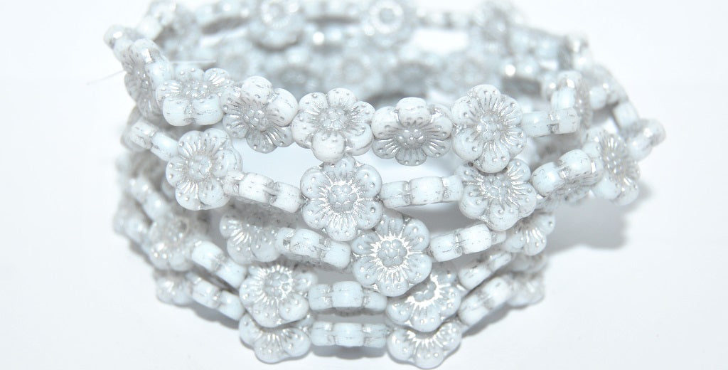 Flower Pressed Glass Beads, White Silver Lined (02010-54201), Glass, Czech Republic ~ STRANDED