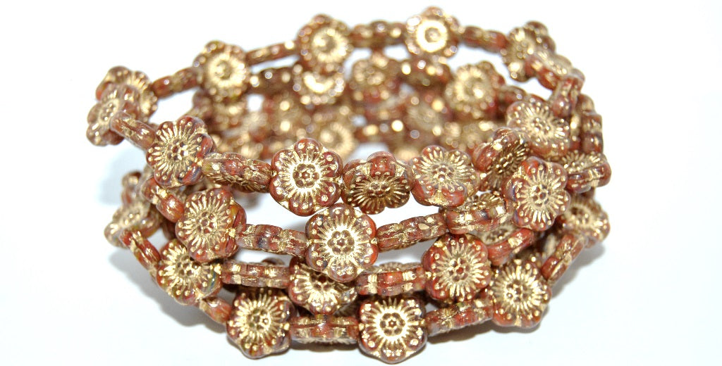 フラワープレスガラスビーズ、マルチカラーストライプ、ゴールドライン(95810-54202)、ガラス、チェコ共和国~STRANDED