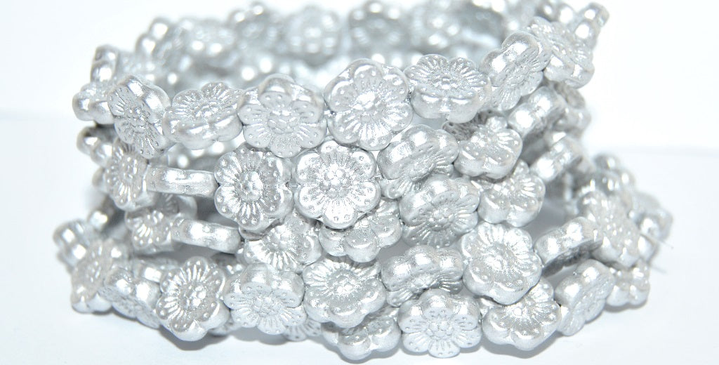 Flower Pressed Glass Beads, Silver Matte (01700), Glass, Czech Republic ~ STRANDED