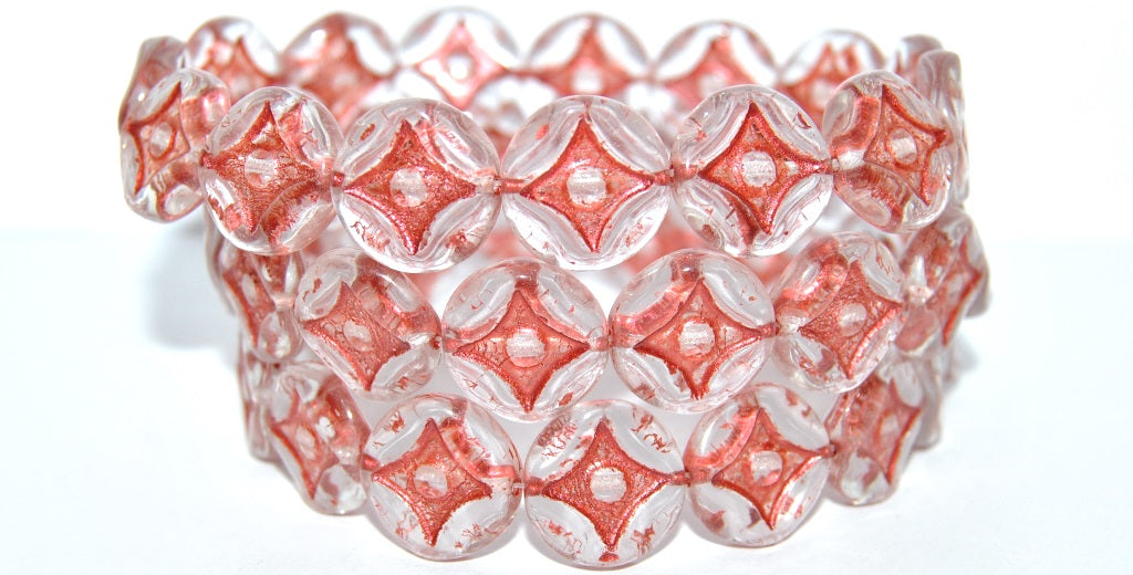 Flat Round With 4-Point Star Pressed Glass Beads, Transparent Blue Copper Lined Metalic (30010-43806-METALIC), Glass, Czech Republic ~ STRANDED