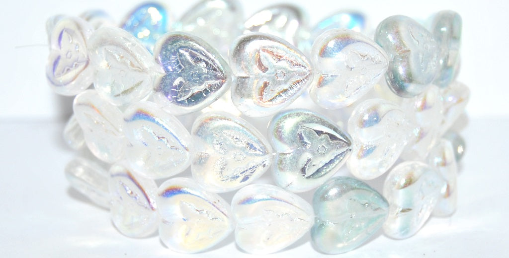 Heart With Flower Pressed Glass Beads, Crystal Ab 2Xside (00030-AB-2XSIDE), Glass, Czech Republic