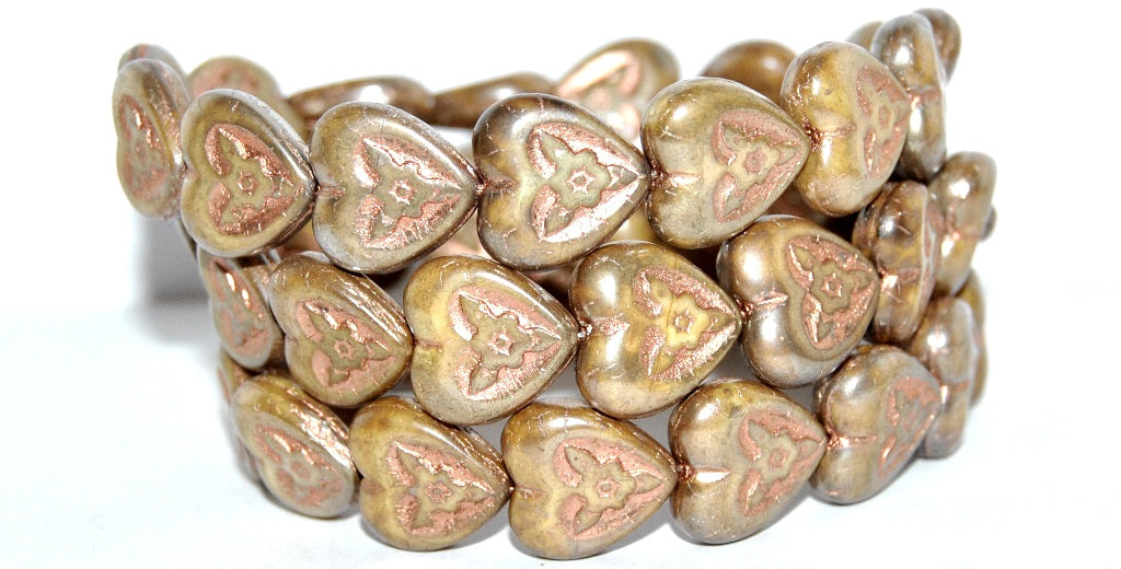 ハート型押しガラスビーズ(花付き)、ホワイト43個入り(銅線入り)(02010-43-54200)、ガラス、チェコ共和国