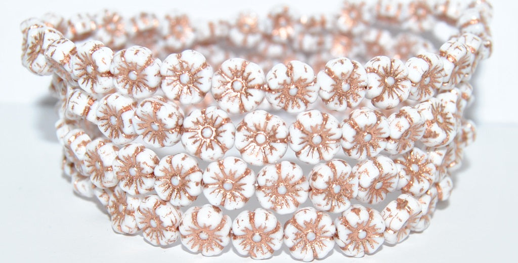 OUTLET 10 grams Hawaiian Flower Beads, 10 x 10 mm, Chalk White Copper Lined (03000-54200), Glass, Czech Republic