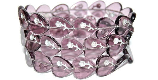 OUTLET 10 grams Table Cut Heart Beads With Rose, 16 x 17 mm, Transparent Light Amethyst Silver Lined (20050-54201), Glass, Czech Republic
