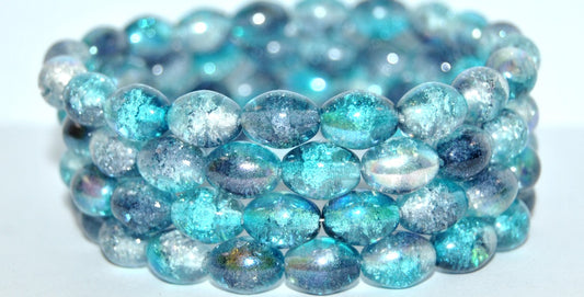 OUTLET 10 grams Olive Oval Pressed Glass Beads, 12 x 9 mm, Crystal Glossy Turquoise Blue Cracked (00030-48103-85500), Glass, Czech Republic