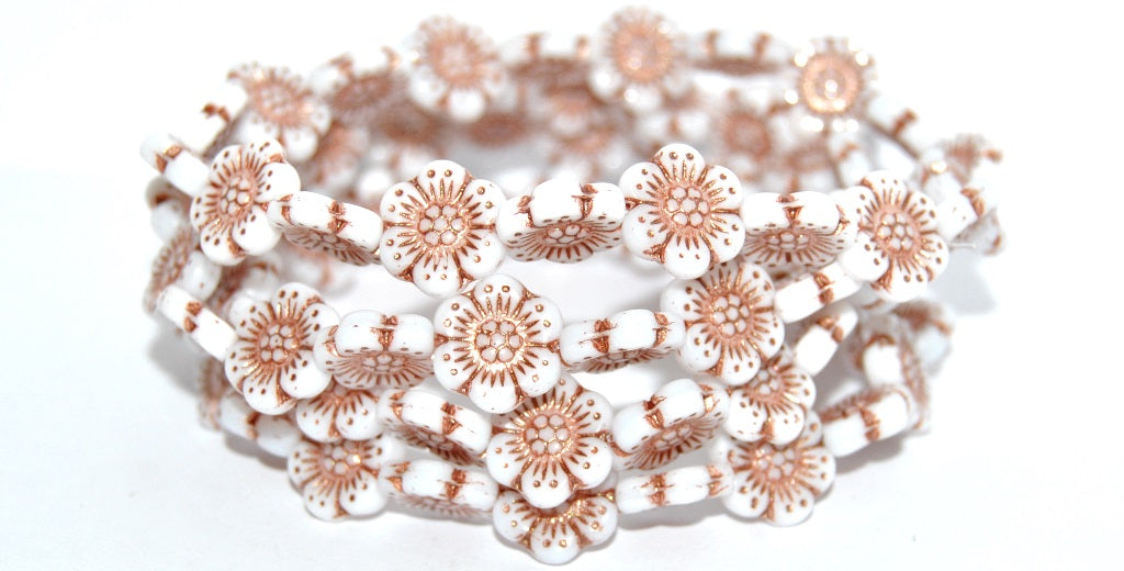 Flower Pressed Glass Beads, White 43805 Metalic (02010-43805-METALIC), Glass, Czech Republic ~ STRANDED