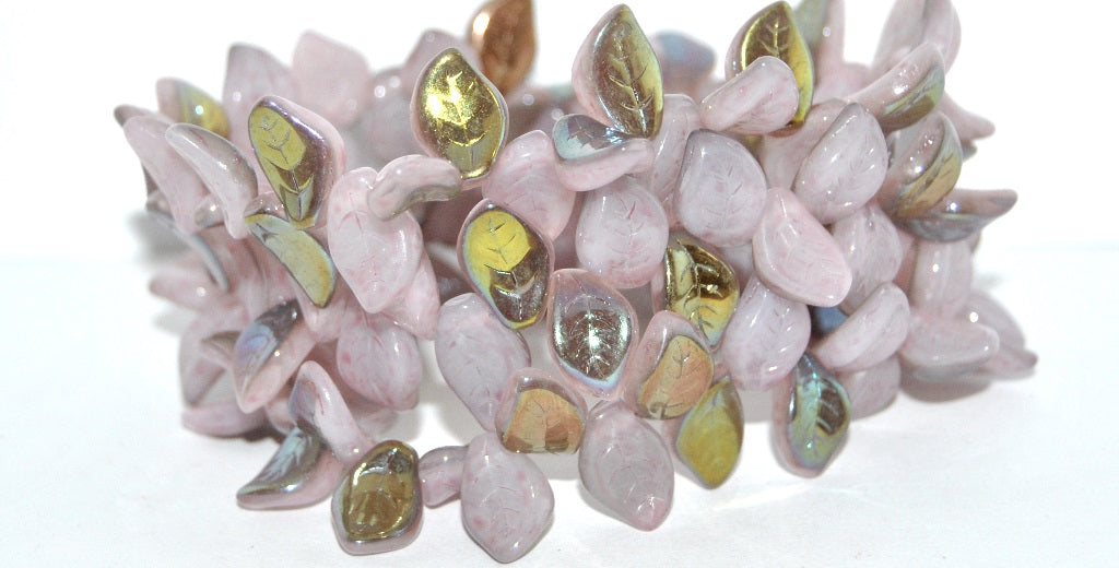Ovate Leaf Pressed Glass Beads, White Light Pink Cold Ab (02010-34304-COLD-AB), Glass, Czech Republic