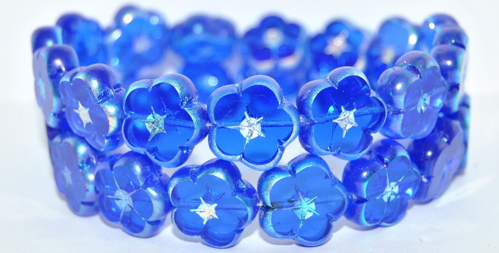 OUTLET 10 grams Table Cut Flower Beads, 16 x 16 mm, Transparent Blue Ab Full (2X Side) (30060-28703), Glass, Czech Republic