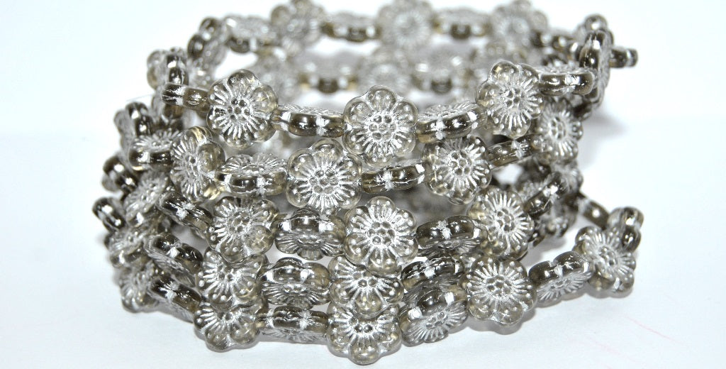 Flower Pressed Glass Beads, Transparent Gray Silver Lined (40020-54201), Glass, Czech Republic ~ STRANDED