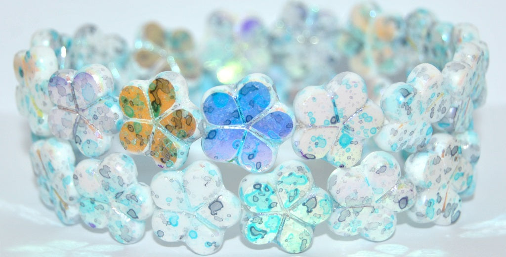 OUTLET 10 grams Table Cut Flower Beads, 17 x 17 mm, White Glossy Blue Violet P (02010-48102-P), Glass, Czech Republic