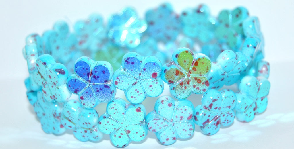 OUTLET 10 grams Table Cut Flower Beads, 17 x 17 mm, White Glossy Red Blue Po (02010-48113-PO), Glass, Czech Republic