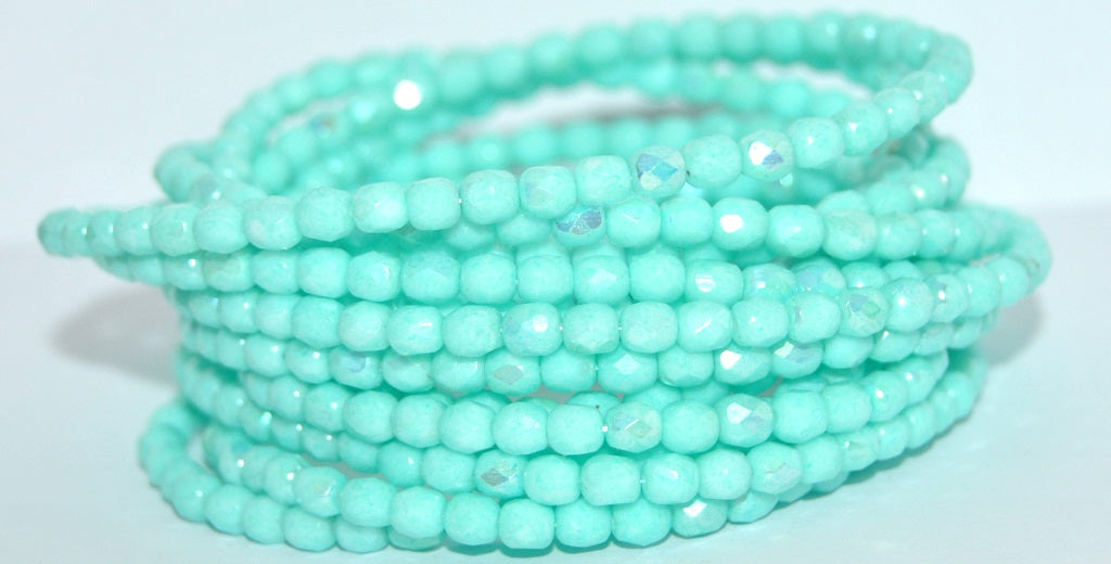 Fire Polished Round Faceted Beads, White Light Turquoise Ab (02010-34309-AB), Glass, Czech Republic
