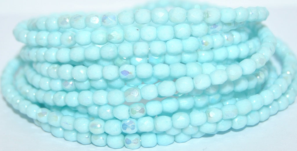 Fire Polished Round Faceted Beads, White Light Aqua Blue Ab (02010-34308-AB), Glass, Czech Republic
