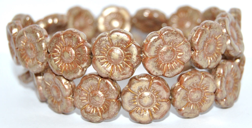 Round Flat Flower Pressed Glass Beads, Opaque Brown Gold Splash (18-13610-86710), Glass, Czech Republic ~ STRANDED