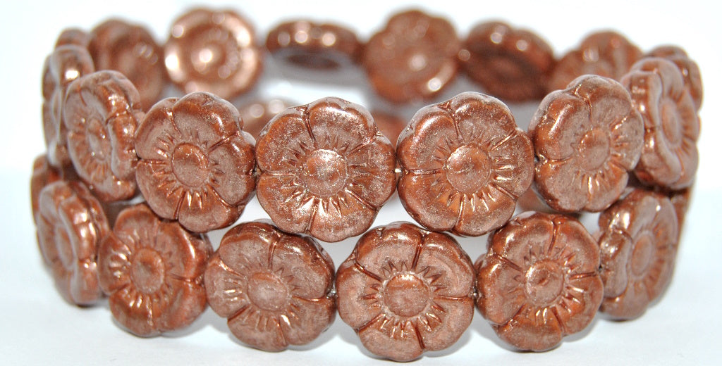 Round Flat Flower Pressed Glass Beads, Opaque Brown 863750 (18-13610-863750), Glass, Czech Republic ~ STRANDED
