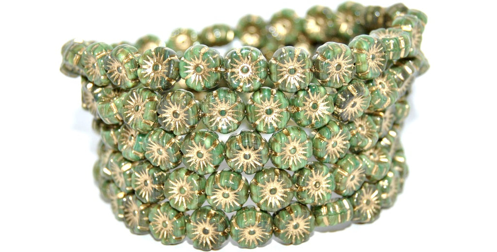 アウトレット 10グラム ハワイアンフラワービーズ、8 x 8 mm、ミックスカラー グリーンゴールドライン (MIX-GREEN-54202)、ガラス、チェコ共和国
