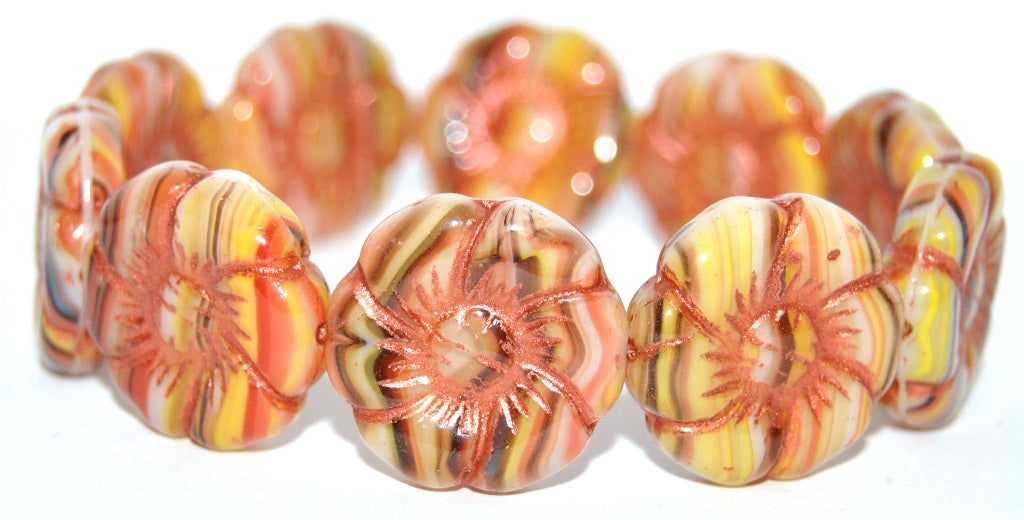 OUTLET 10 grams 6-Petal Flower Pressed Glass Beads, Multicolored Stripes Copper Lined (95810-54319), Glass, Czech Republic