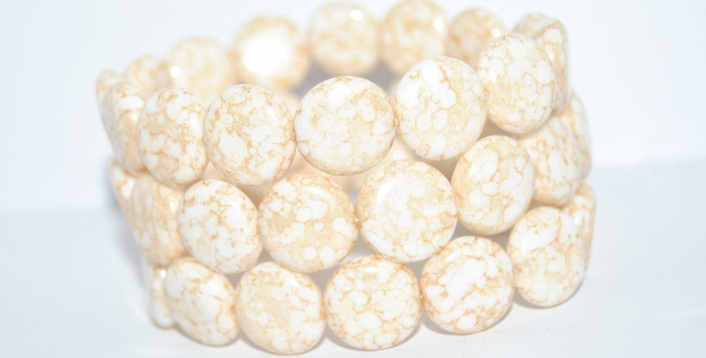 フラットラウンドコインプレスガラスビーズ、ホワイトベージュ(02010-15413)、ガラス、チェコ共和国