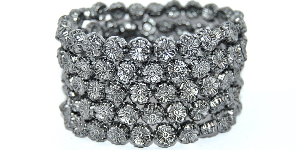 Hawaii Flower Pressed Glass Beads, Black Silver Splash (8-23980-86700), Glass, Czech Republic ~ STRANDED