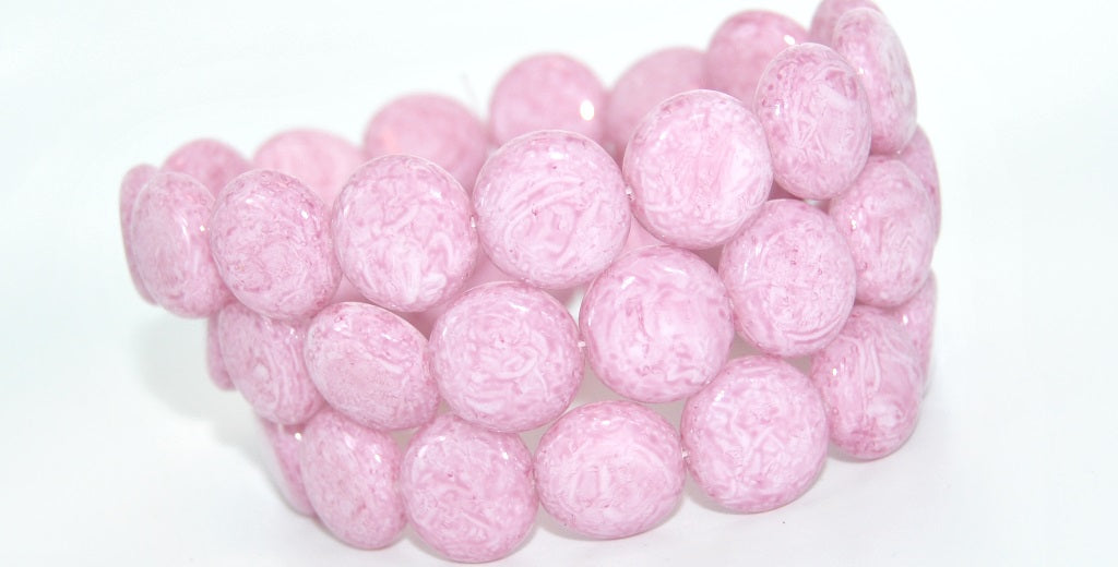 フラットラウンドコインプレスガラスビーズ、ホワイトライトピンク(02010-34304)、ガラス、チェコ共和国