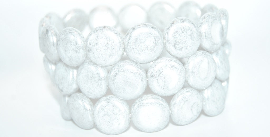 Flat Round Coin Pressed Glass Beads, White Silver Gray (02010-34301), Glass, Czech Republic