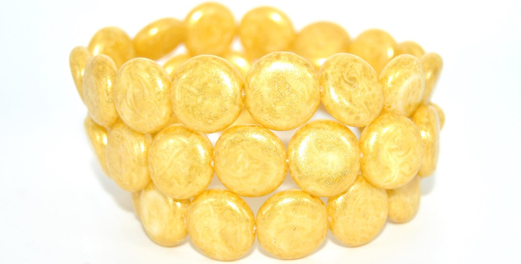 扁平圆形硬币压制玻璃珠,白色浅黄色(02010-34302),玻璃,捷克共和国