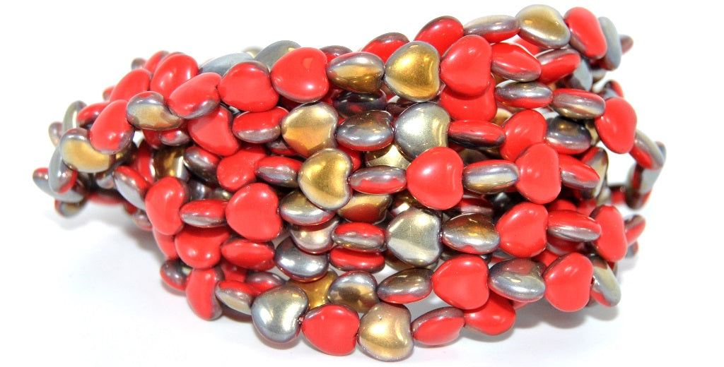 Heart Pressed Glass Beads, Red Rose Gold Capri (93190-27101), Glass, Czech Republic ~ STRANDED