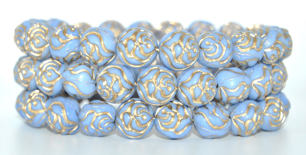 Round Rose Pressed Glass Beads, Opaque Blue Gold Lined (33020-54202), Glass, Czech Republic ~ STRANDED