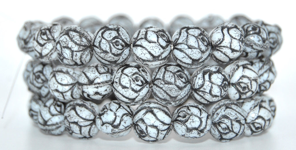 Round Rose Pressed Glass Beads, White Black Lined (02010-23202), Glass, Czech Republic ~ STRANDED