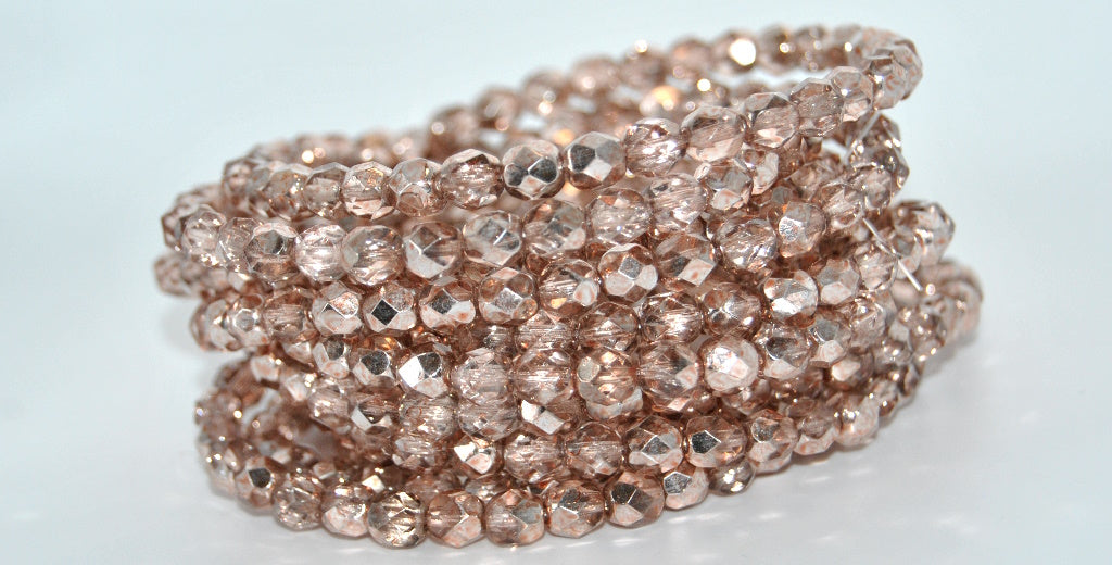 ファイヤーポリッシュラウンドファセットビーズ、クリスタルシルバーハーフコーティングライトピンクピーチ(27001-34305)、ガラス、チェコ共和国〜STRANDED