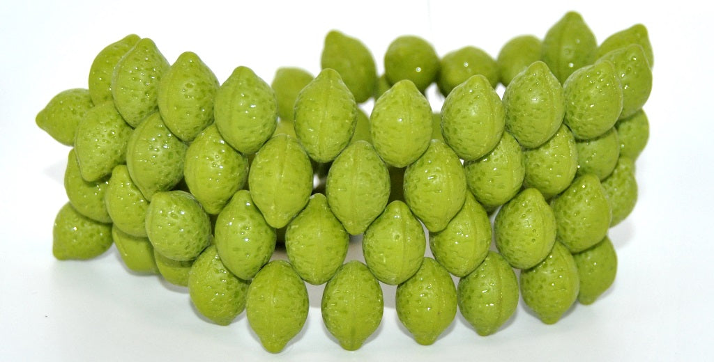 Lemon Friut Pressed Glass Beads, Green Matte (53420-M), Glass, Czech Republic ~ STRANDED