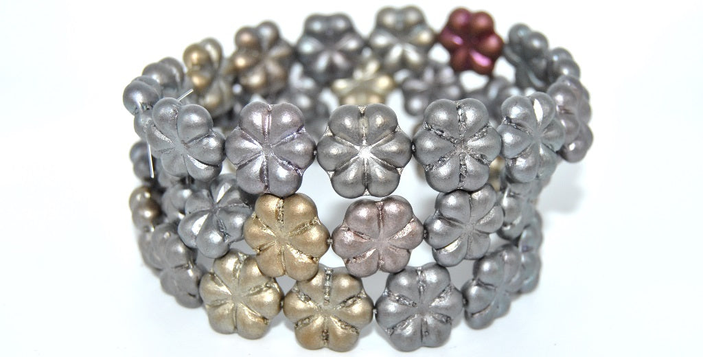 6-Petal Flower Pressed Beads, Gray Gold Zink Metallic Iris (01670), Glass, Czech Republic ~ STRANDED