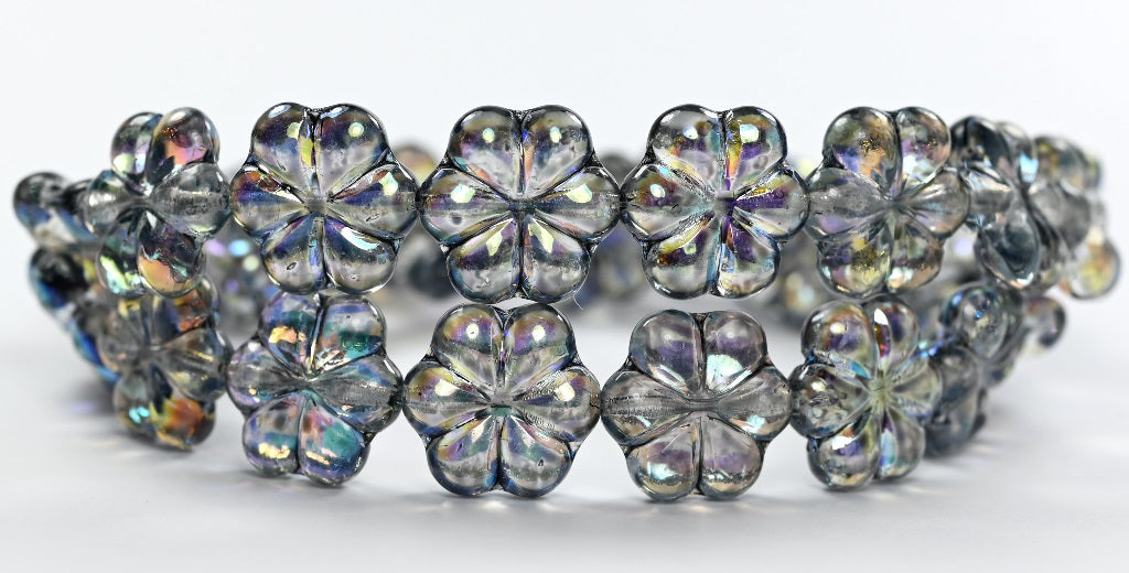 6枚の花びらフラワープレスビーズ、クリスタルライトグレーAB(00030-34311-AB)、ガラス、チェコ共和国〜STRANDED