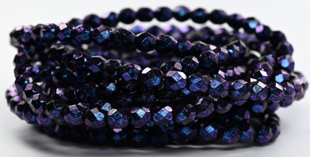 ファイアポリッシュラウンドファセットビーズ、ブルーイリディセント(86966)、ガラス、チェコ共和国