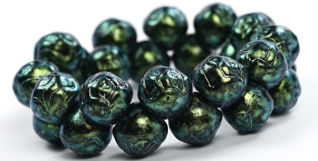 OUTLET 10 grams Round Pressed Glass Beads With Rose, 9 x 9 mm, Green Iridiscent (86922), Glass, Czech Republic