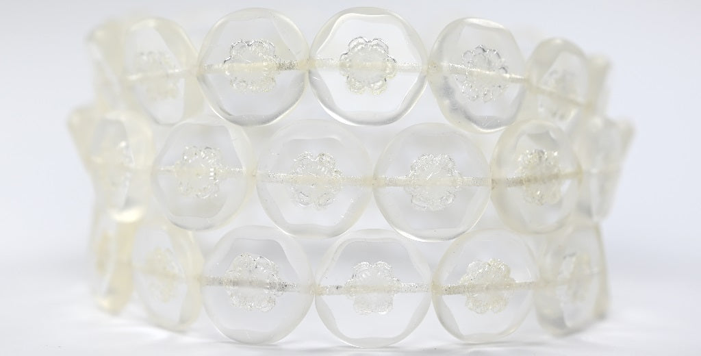 テーブルカットラウンドビーズ(花付き)、クリスタルラスタークリーム(00030-14401)、ガラス、チェコ共和国