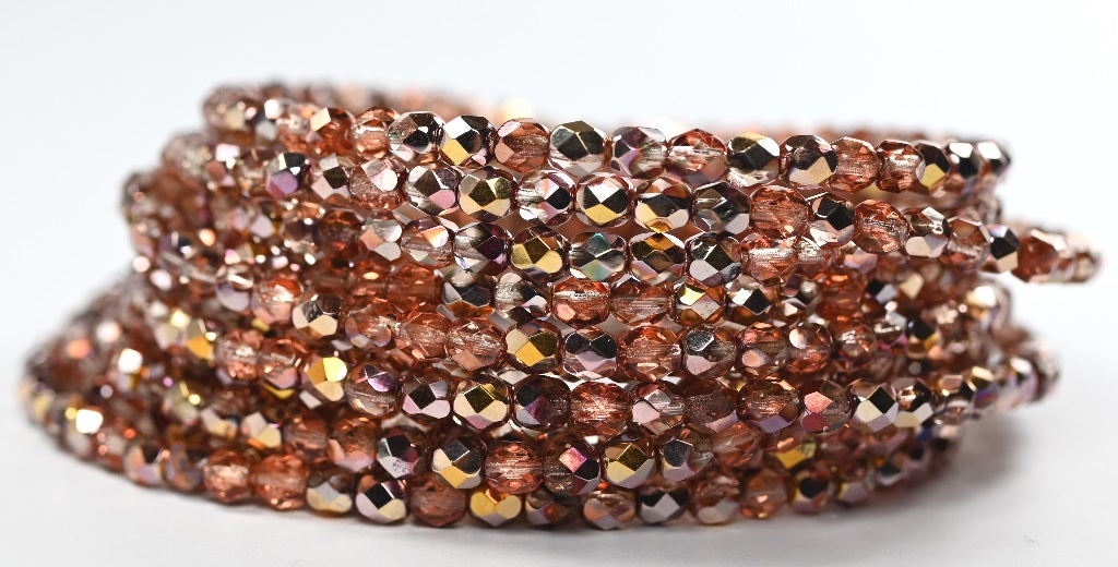 ファイアポリッシュラウンドファセットビーズ、透明ピンクローズゴールドカプリ(70110-27101)、ガラス、チェコ共和国