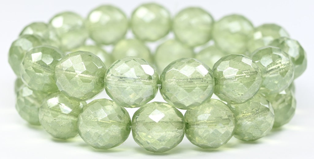 Fire Polished Round Faceted Beads, Crystal Luster Green Full Coated (00030-14457), Glass, Czech Republic