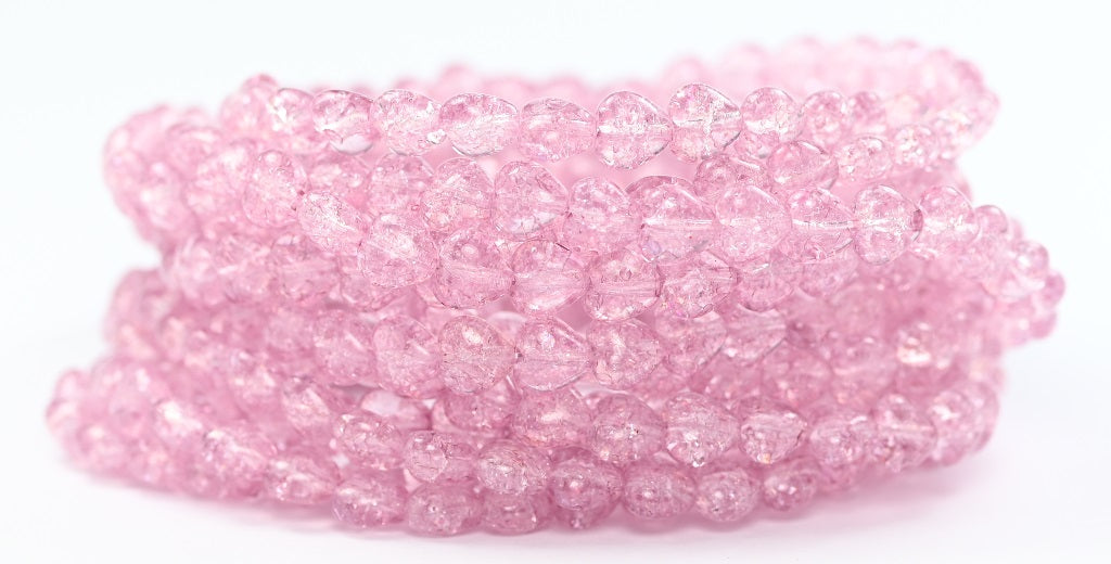 Heart Pressed Glass Beads, Crystal Light Fuchsia Pink Crack (00030-34306-CRACK), Glass, Czech Republic