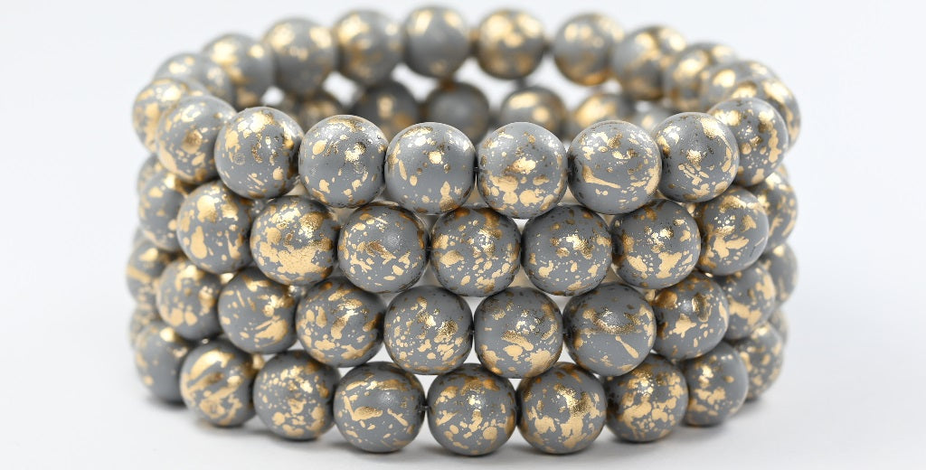 圆形压制玻璃珠 Druck,白灰金色飞溅 (02010-13009),玻璃,捷克共和国