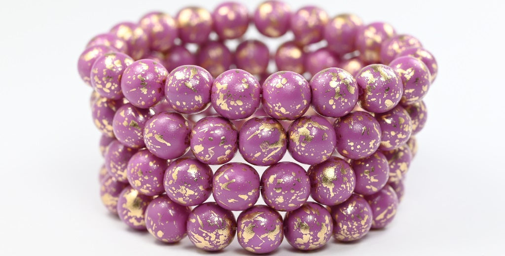 丸型プレスガラスビーズ Druck、ホワイトパープルゴールデンスプラッシュ(02010-13005)、ガラス、チェコ共和国