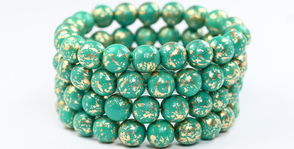 丸型プレスガラスビーズ Druck、ホワイトティールゴールデンスプラッシュ (02010-13006)、ガラス、チェコ共和国