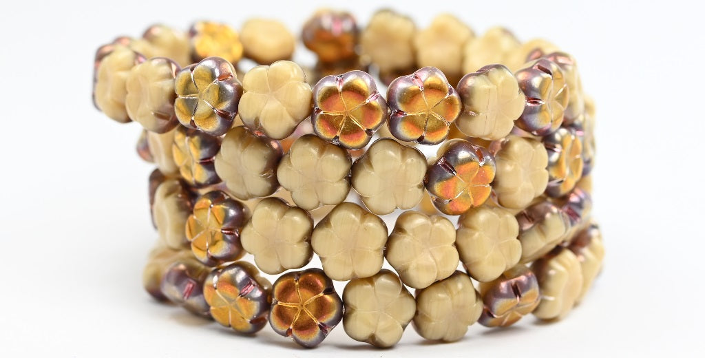 5-Petal Flower Pressed Beads, Opaque Beige Rose Gold Capri (13010-27101), Glass, Czech Republic