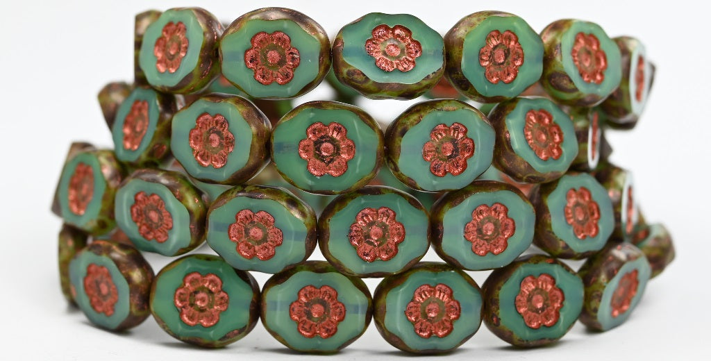 カメオの女性の顔が描かれたテーブルカットのオーバルビーズ、オパールアクアトラバーチン銅張り(61300-86800-55307)、ガラス、チェコ共和国