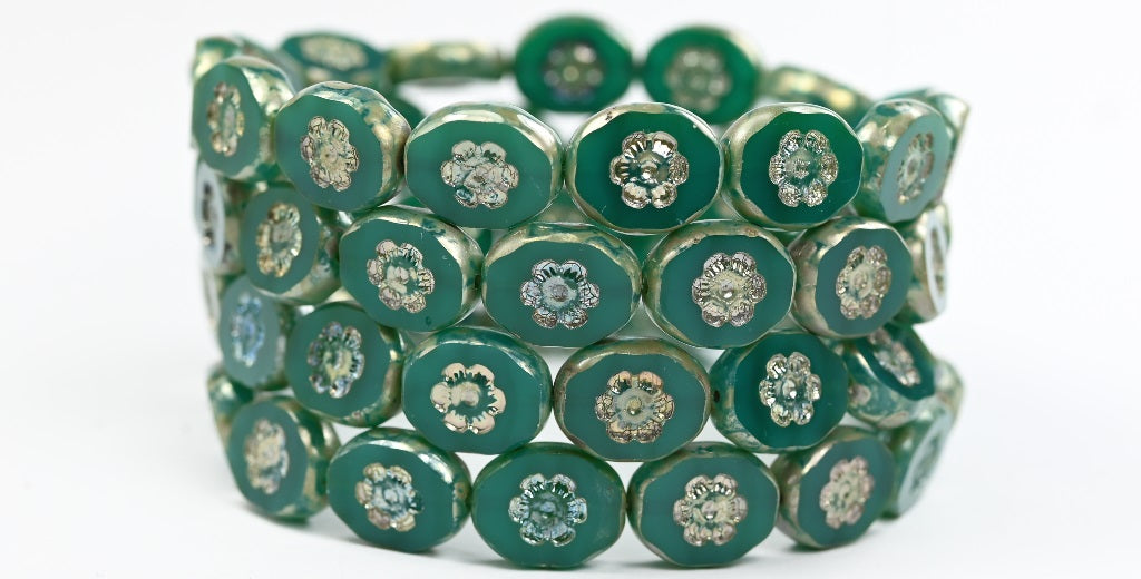 カメオの女性の顔が描かれたテーブルカットのオーバルビーズ、オパールエメラルドピカソ(52050-43400)、ガラス、チェコ共和国