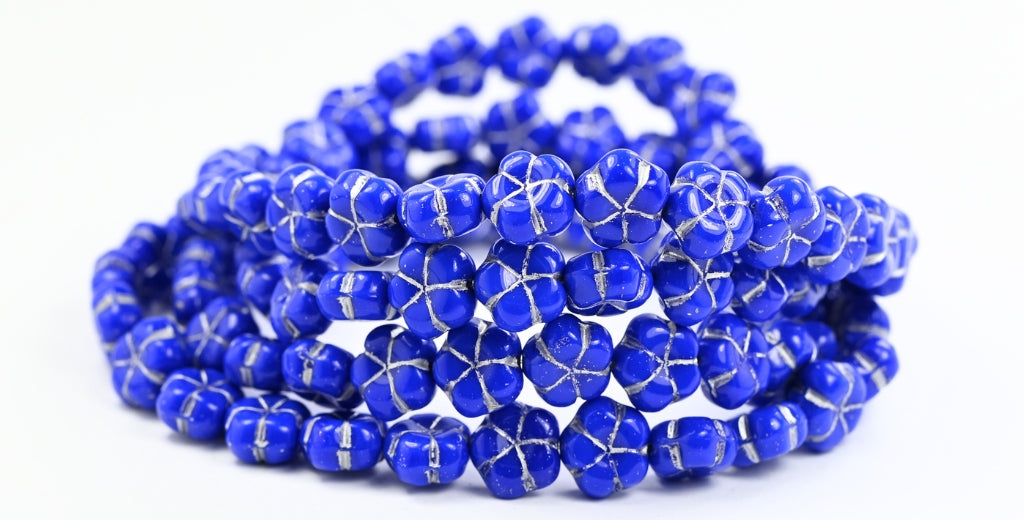 5-Petal Flower Pressed Beads, Rich Blue Silver Lined (33060-54201), Glass, Czech Republic