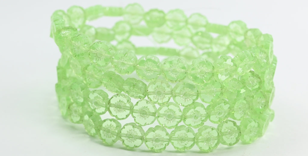 Table Cut Round Beads Hawaii Flowers, Transparent Green Luster Cream (50800-14401), Glass, Czech Republic