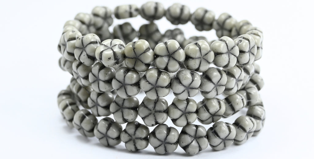 5-Petal Flower Pressed Beads, Opaque Gray Black Lined (43010-46769), Glass, Czech Republic ~ STRANDED